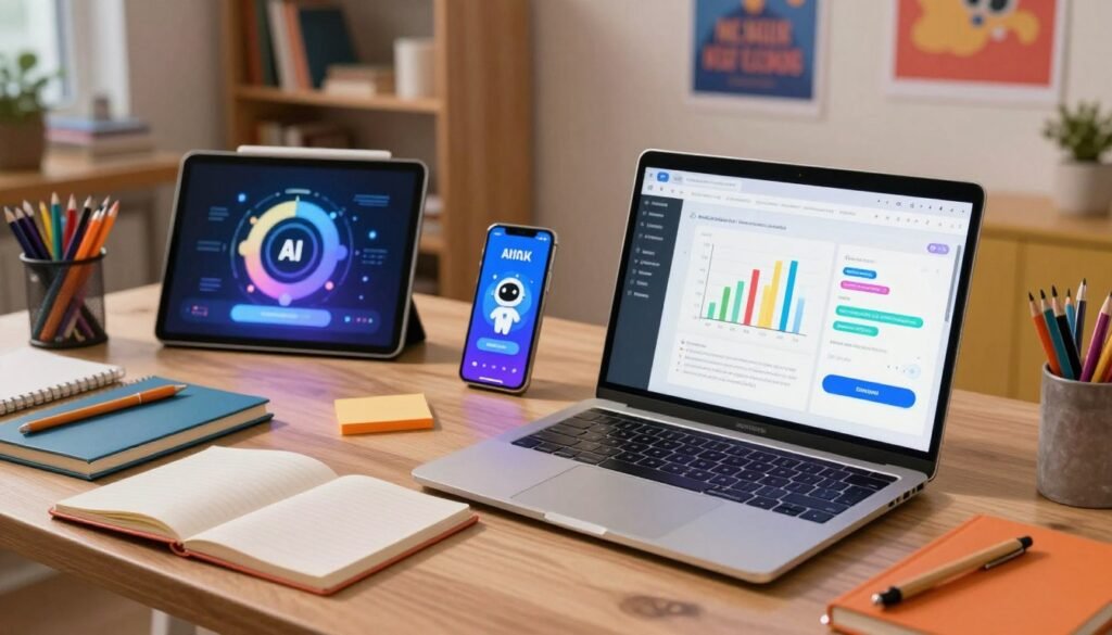 A colorful and engaging workspace for beginners and students exploring artificial intelligence tools. In the foreground, a sleek, modern laptop is open, displaying a user-friendly interface of an AI tool, with vibrant graphs and digital chatbots. Surrounding the laptop are various stationery items like notebooks and pens, symbolizing study. In the middle ground, an assortment of digital devices such as tablets and smartphones show different AI applications, set against a backdrop of a cozy study room filled with bookshelves and motivational posters on the walls. The lighting is warm and inviting, creating a productive atmosphere. The image is shot from a slightly elevated angle to capture the workspace's organized yet creative vibe, evoking a sense of inspiration and innovation among learners.