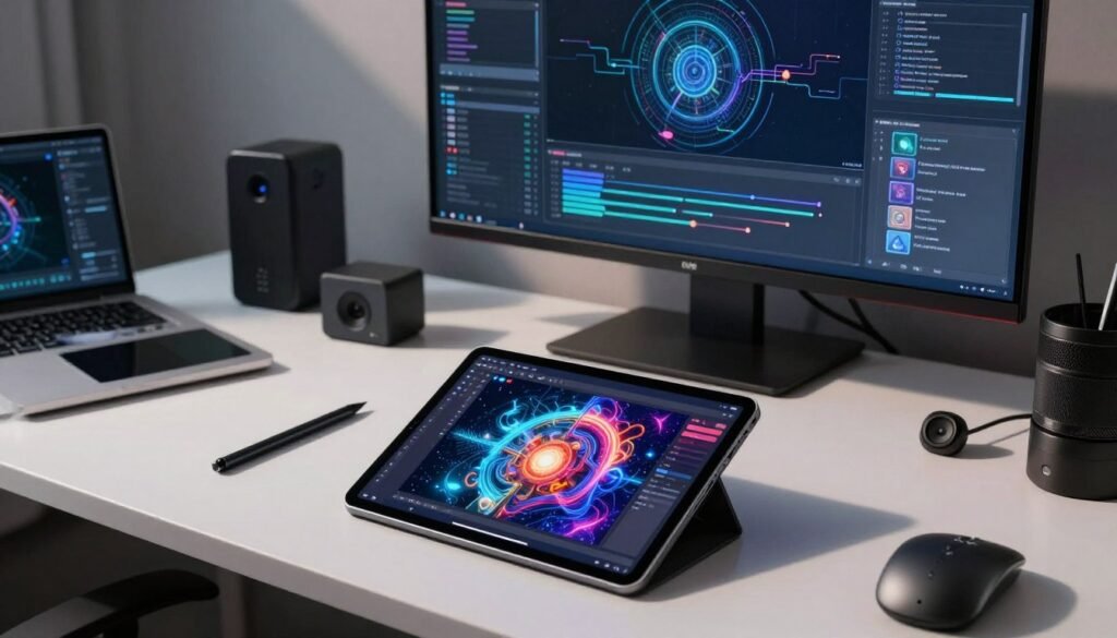 A digital artist's workspace showcasing advanced AI tools for image creation. In the foreground, a sleek tablet displays vibrant, intricate images produced by AI. The middle ground features an assortment of modern design gadgets, like styluses and graphic software interfaces. In the background, a large screen highlights an array of AI algorithms and machine learning models, emphasizing their role in generating stunning visuals. The lighting is bright and focused, casting dynamic shadows and creating an inspiring atmosphere. Use a wide-angle lens to capture the expansive workspace, giving a feeling of innovation and creativity. The mood is forward-thinking and futuristic, reflecting the cutting-edge technology of AI in digital art design.